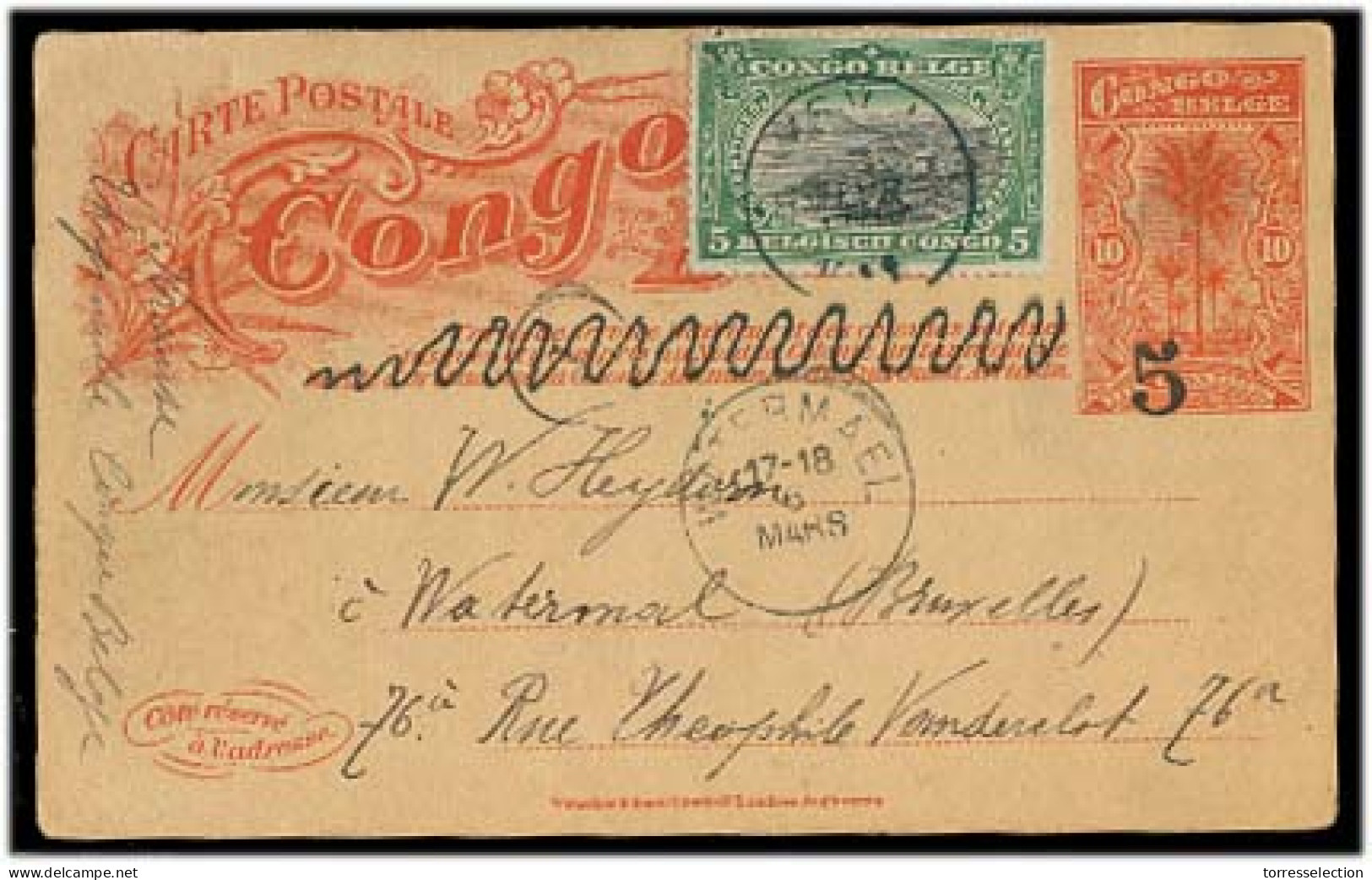 BELGIAN CONGO. 1911 (8 May). Thysville - Belgium / Watermael. 5c / 10c Ovptd Stat Card + Adtl. Uncomm Ovptd Stat Used. - Other & Unclassified