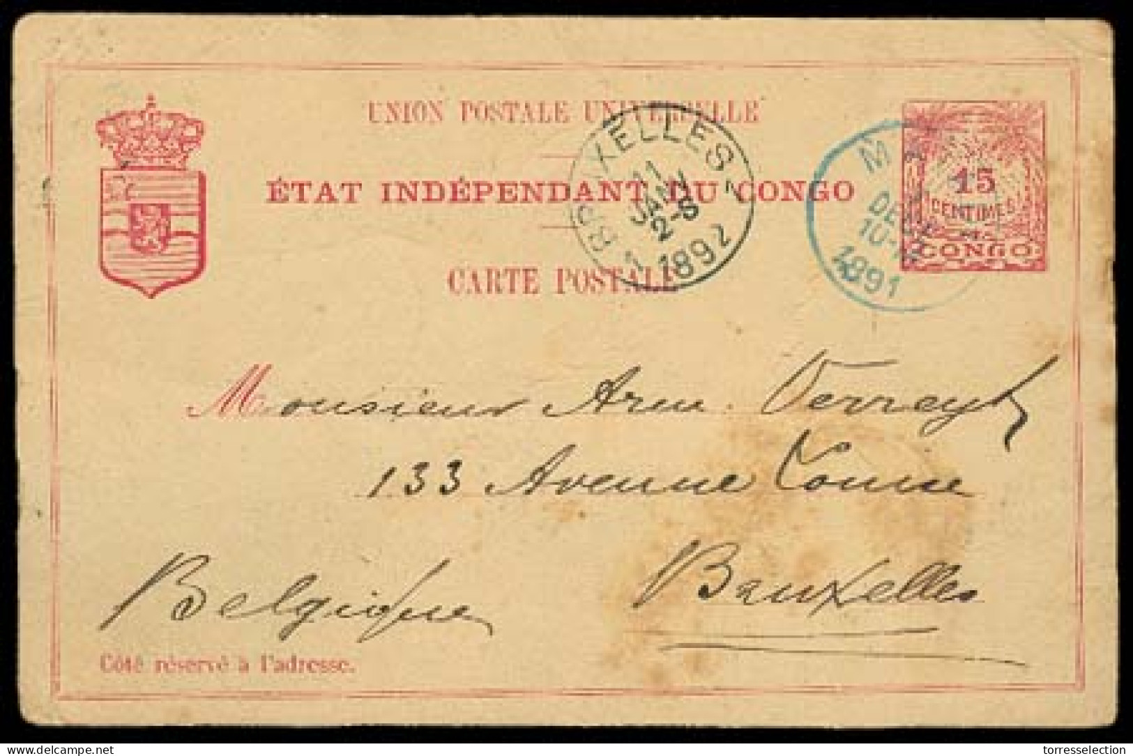 BELGIAN CONGO. 1891 (7 Dec). Matadi - Bruxelles. Via Boma. - Other & Unclassified