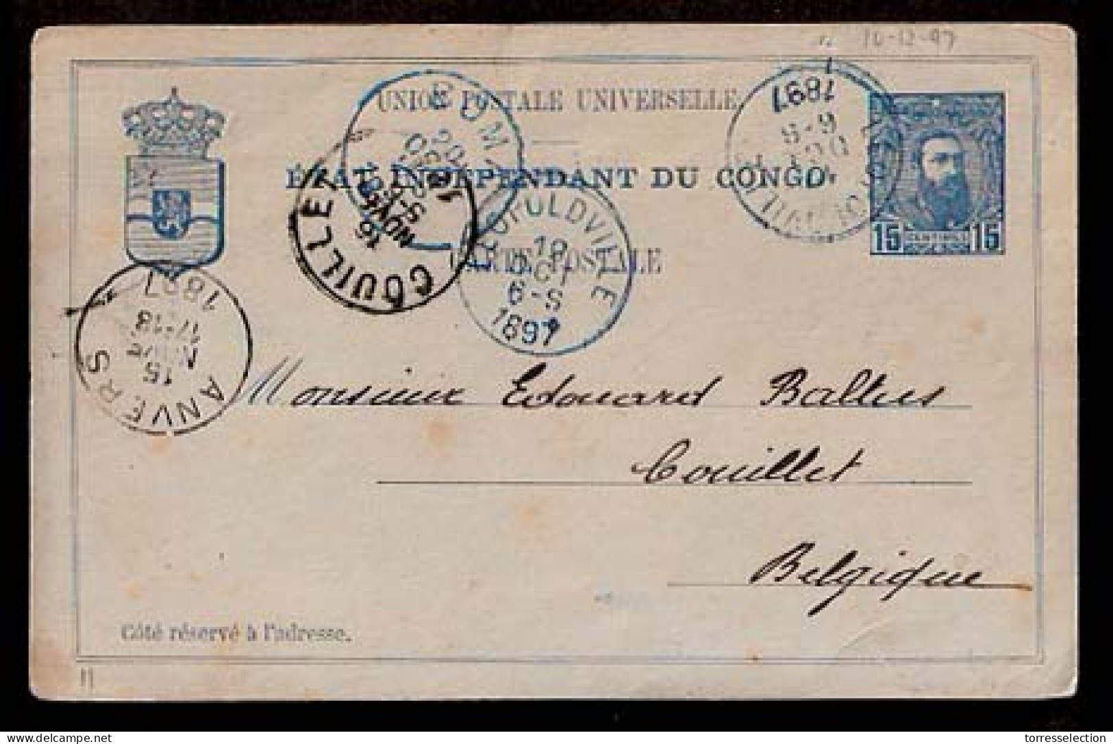 BELGIAN CONGO. 1897 (23 Sept). Isangui - Belgium. 15c. Stat Card Via Leopoldvilla And Boma. Fine. - Autres & Non Classés