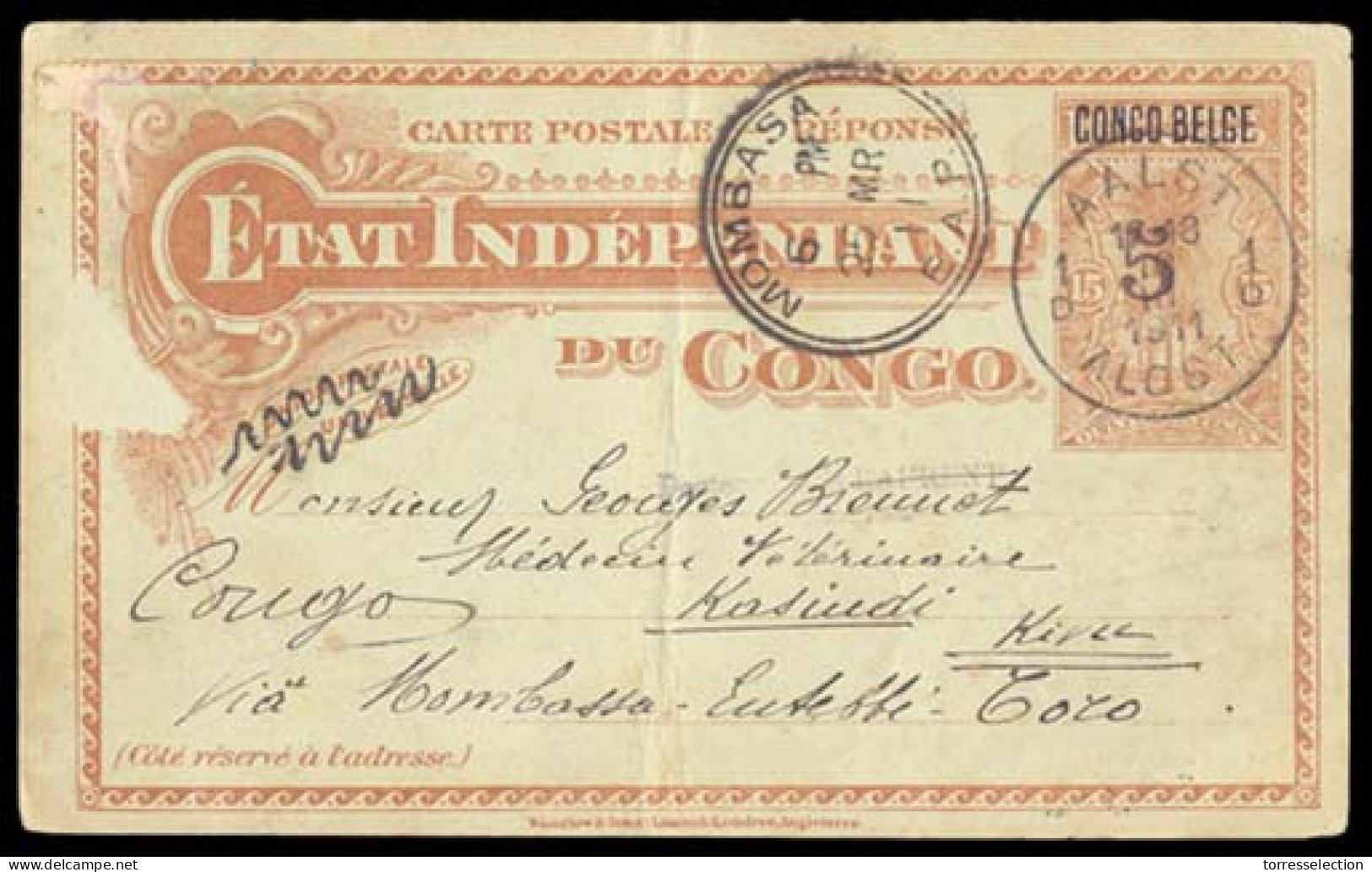 BELGIAN CONGO. 1911 (9 March). REPLYCARD Used Back From Belgium. Alost To Kasindi, Via Kima-Mombassa-Entebbe (31 March)- - Other & Unclassified