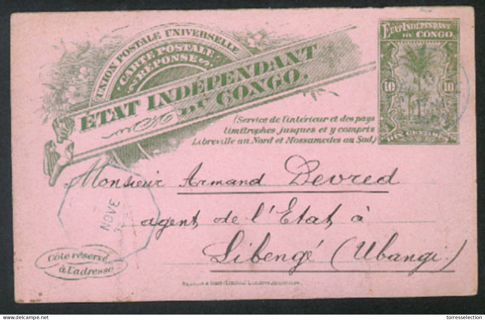 BELGIAN CONGO. 1901(Aug 1). 10c Green On Pink Postal Stationery Card Used From Boyandange To Libenge, Ubangi Cancelled B - Autres & Non Classés