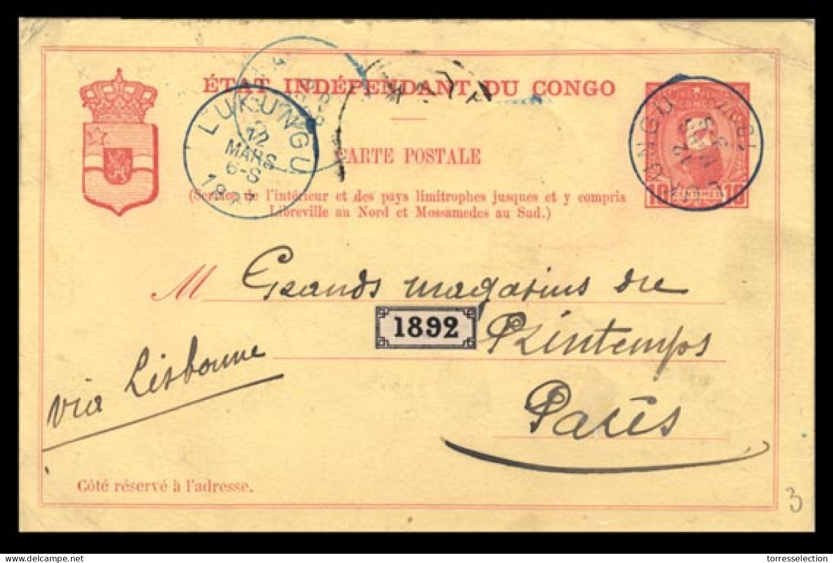 BELGIAN CONGO. 1897 (13 March). Tumba Via Lukungu To Paris. 10c. Red Early Stat Card. Via Lisbon. Adtl Stamp Lost In Tra - Autres & Non Classés