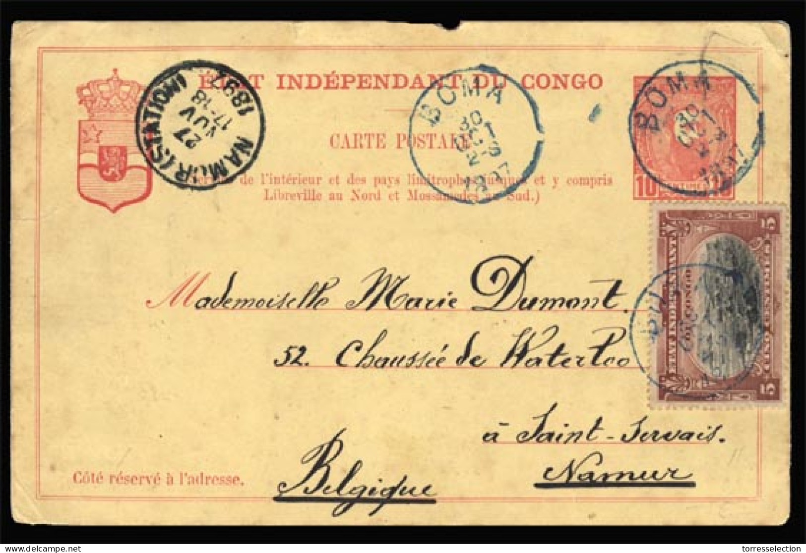 BELGIAN CONGO. 1897. Early Stationery. Aditional Franking. Boma. To Namur…Very Scarce. F-VF. - Otros & Sin Clasificación