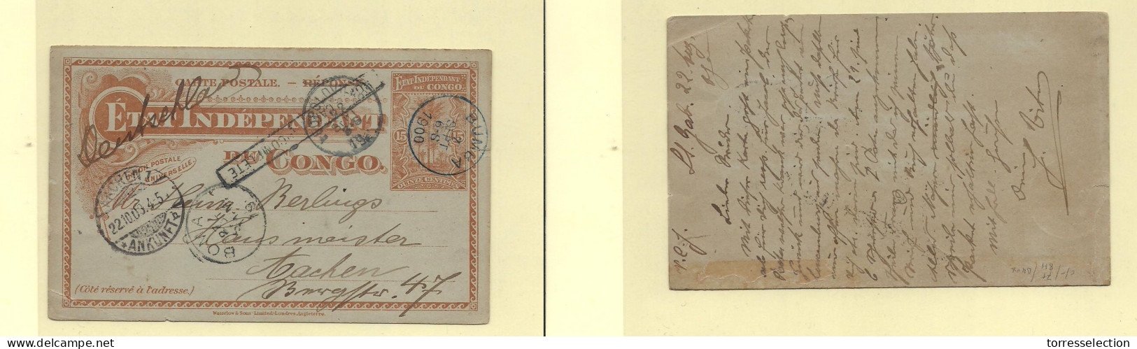 BELGIAN CONGO. 1900 (22 Aug.). St. Gab To Germany (22 Oct. 00). 15c Reply Half Stationery Card Via BUMBA Blue Cds (7 Sep - Sonstige & Ohne Zuordnung