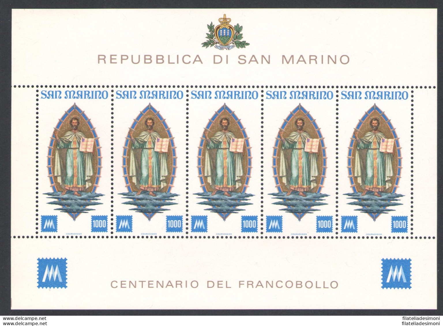 1977 San Marino "Centenario Dei Primi Francobolli" Minifoglio Di 5 Valori MNH**  - Blocchi & Foglietti