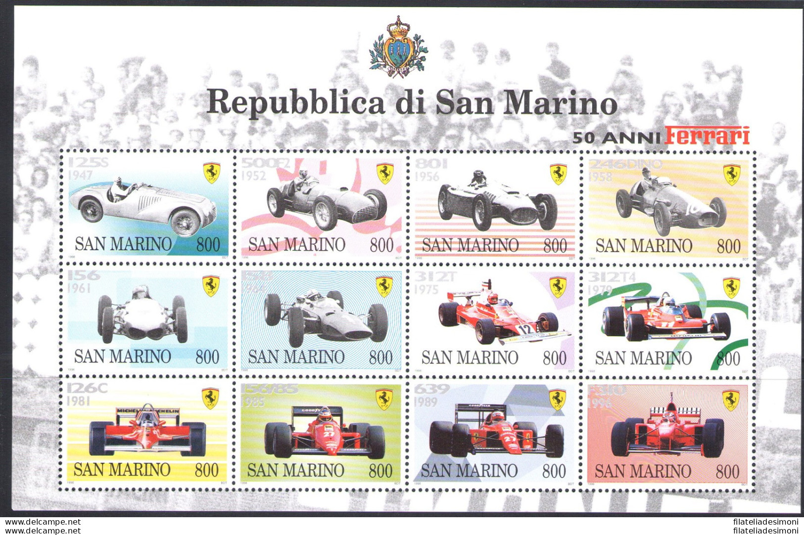 1998 San Marino "50 Anni Di Ferrari" Minifoglio Di 12 Valori MNH** Bf 58 - Blocks & Sheetlets