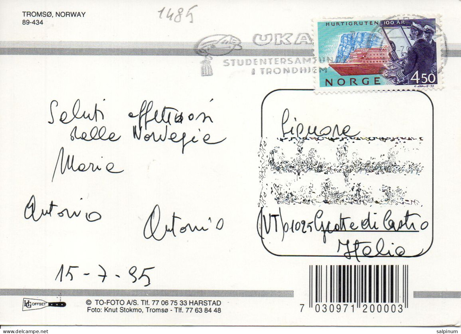 Philatelic Postcard With Stamps Sent From NORWAY To ITALY - Covers & Documents
