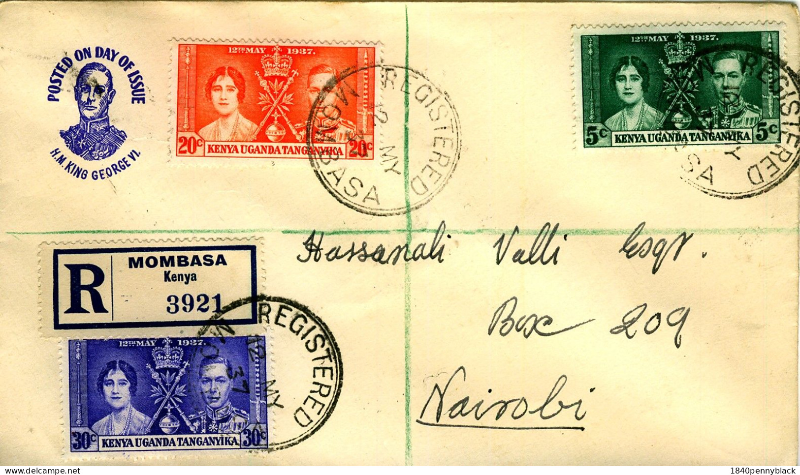 KENYA UGANDA TANGANYIKA KGVI 1937 Coronation SG   128-30  Local Registered  First Day Cover To Nairobi - Kenya, Oeganda & Tanganyika