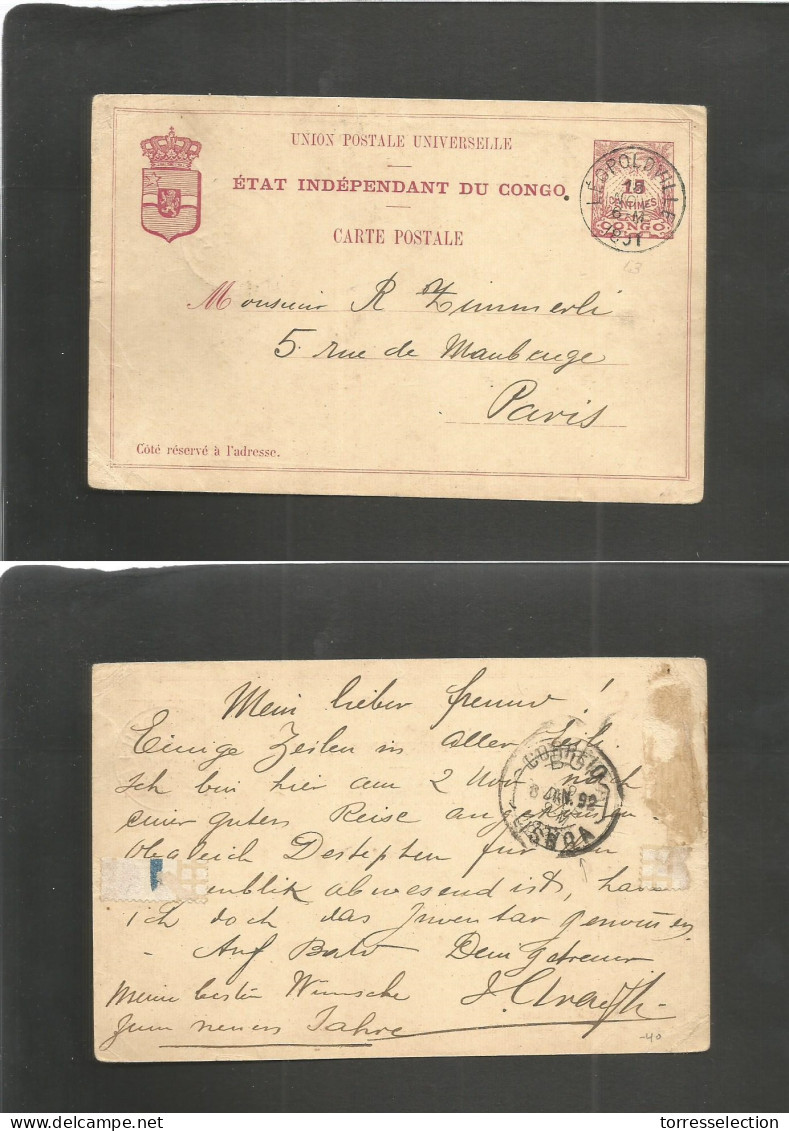 BELGIAN CONGO. 1891 (18 Nov) EIC. Leopoldville - France, Paris. Via Boma - Lisboa (8 Jan 92) Long Text In German 15c Red - Other & Unclassified