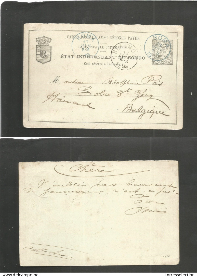 BELGIAN CONGO. 1895 (15 Jan) Boma - Belgium, Beaumont (13 Febr) 15c Black Stat Card, Blue Cds. Fine. Half Of Doble Stat  - Autres & Non Classés