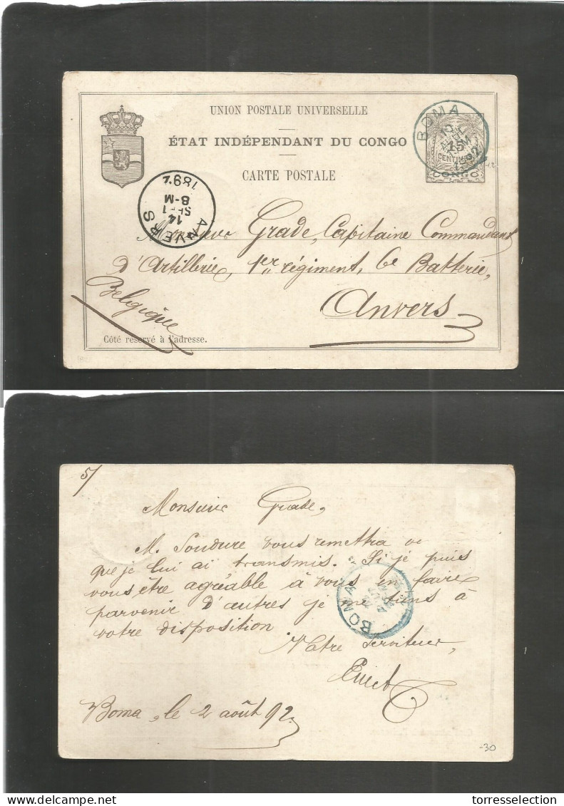 BELGIAN CONGO. 1892 (2 Aug) Boma - Belgium, Anvers (14 Sept) 15c Black EIC Blue Cds. Long Text. VF. - Altri & Non Classificati