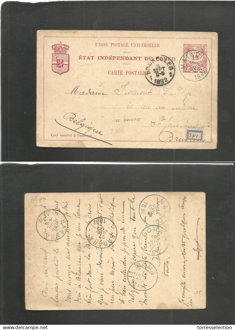 BELGIAN CONGO. 1892 (16 July) Matadi - Belgium, Bruxelles (8 Sept) Via Banana - Boma. With Long Text 15c Red Stat Way Ca - Autres & Non Classés