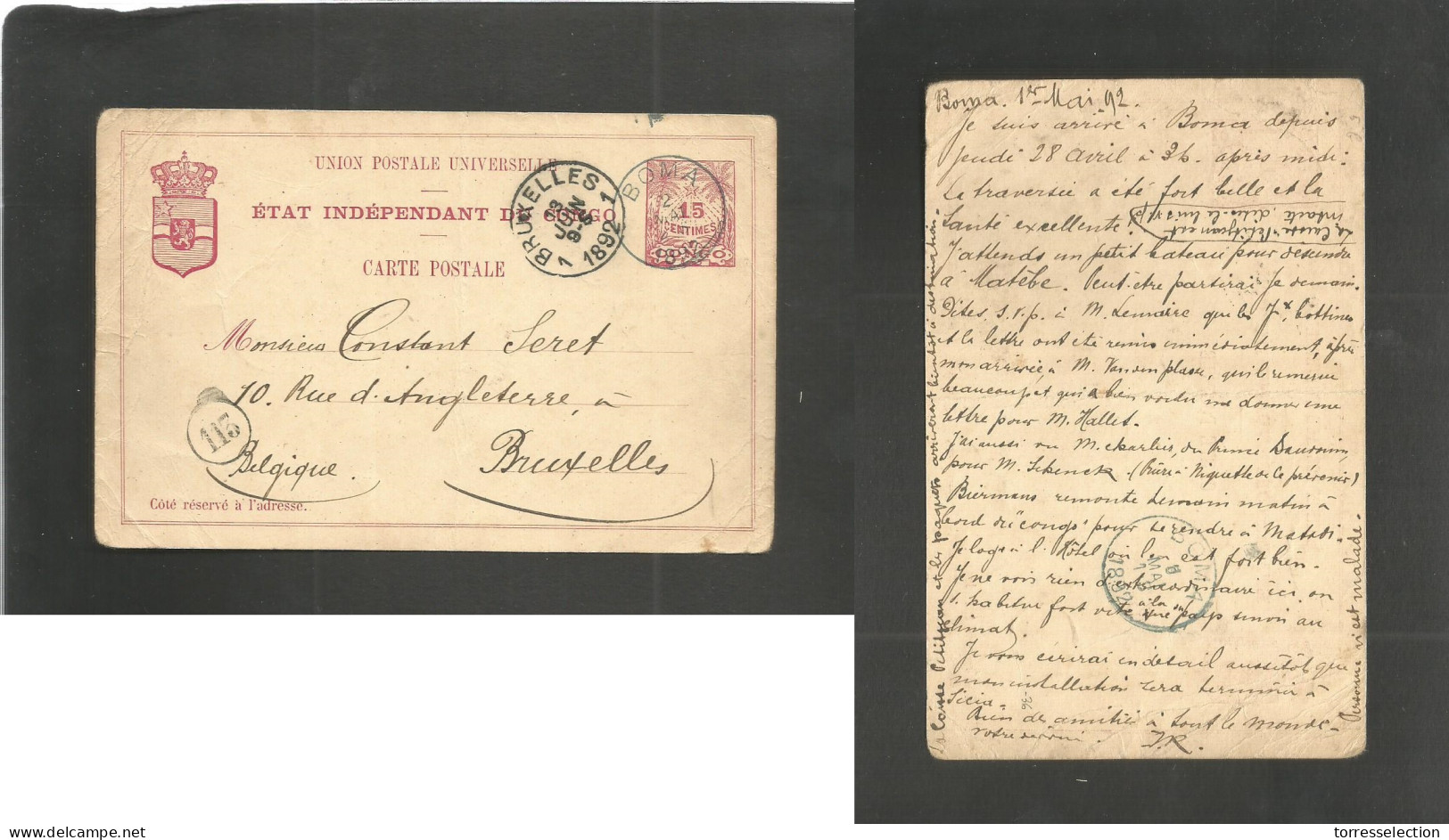 BELGIAN CONGO. 1892 (1 May) Boma - Belgium, Bruxelles (13 June) 15c Red EIC Stat Card Blue Depart Cds (2 May) + Reverse  - Andere & Zonder Classificatie