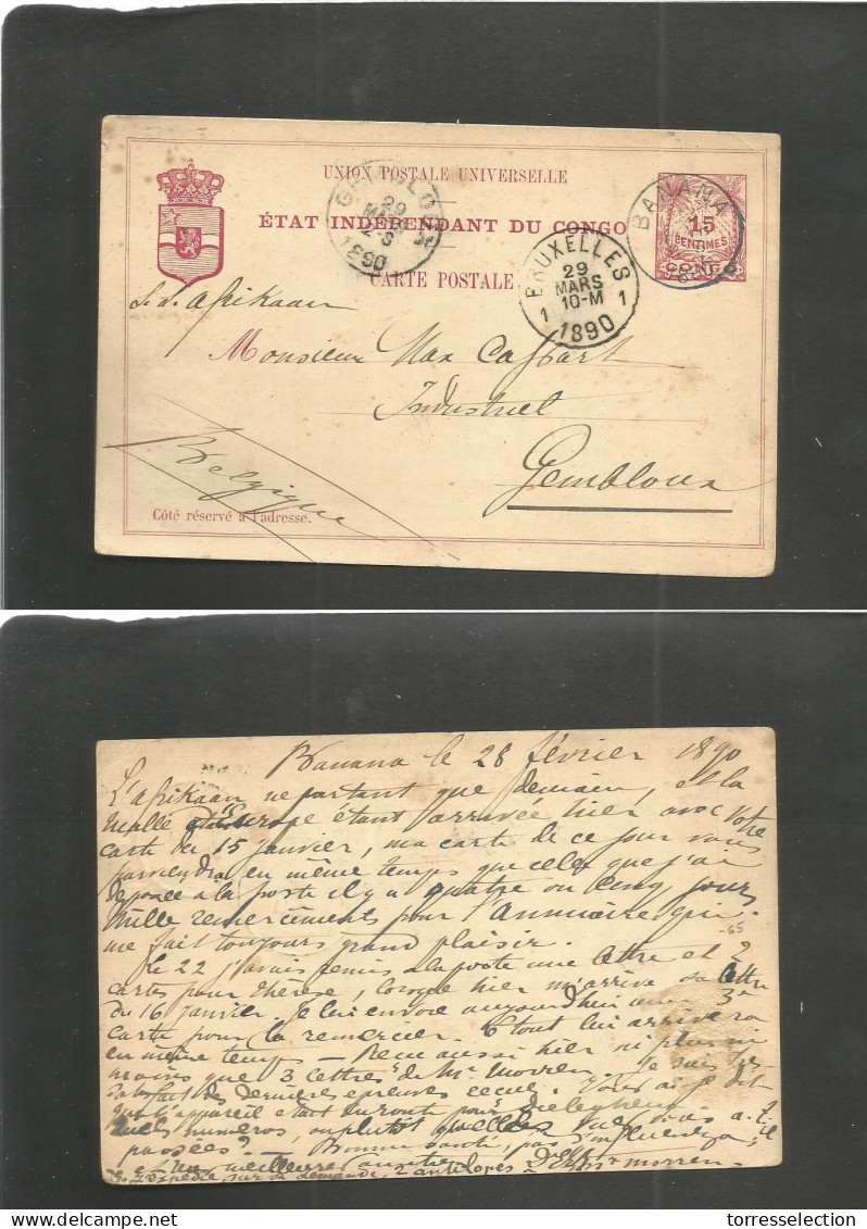 BELGIAN CONGO. 1890 (28 Febr) EIC. Banana - Belgium, Gembloux (29 March) Via Bruxelles 15c Red Stat Card. Long French Fa - Other & Unclassified