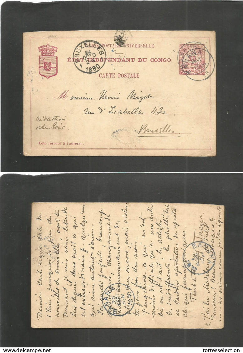 BELGIAN CONGO. 1890 (14 Sept) EIC. Banana - Belgium, Bruxelles (24 Oct) 15c Red Stat Card. Long Text + Blue Cds + Severa - Other & Unclassified