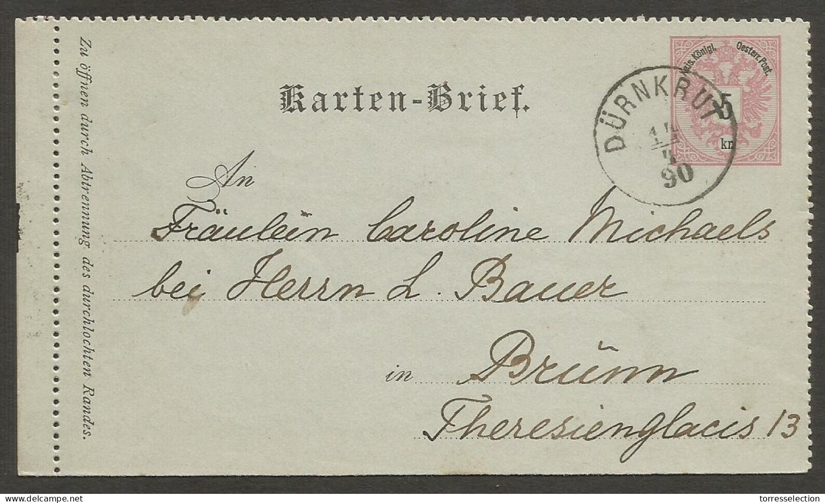 BOSNIA. 1890 (14 April). Durnkrut - Austria, Brunn (15 April). 5kr Rose Stat Letter Sheet. Fine Used. - Bosnie-Herzegovine