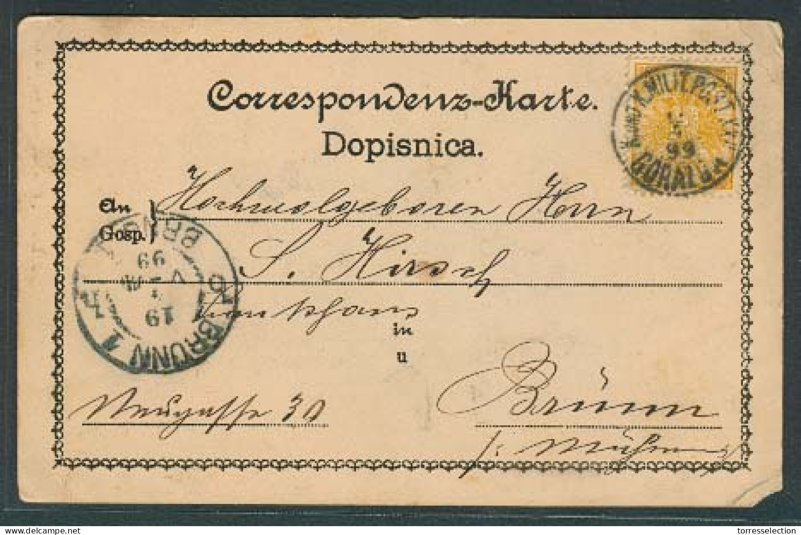 BOSNIA. 1899 (14 April). Gorazda - Brunn. Fkd Early Card KK Military Cachet + Arrival + Text. - Bosnie-Herzegovine