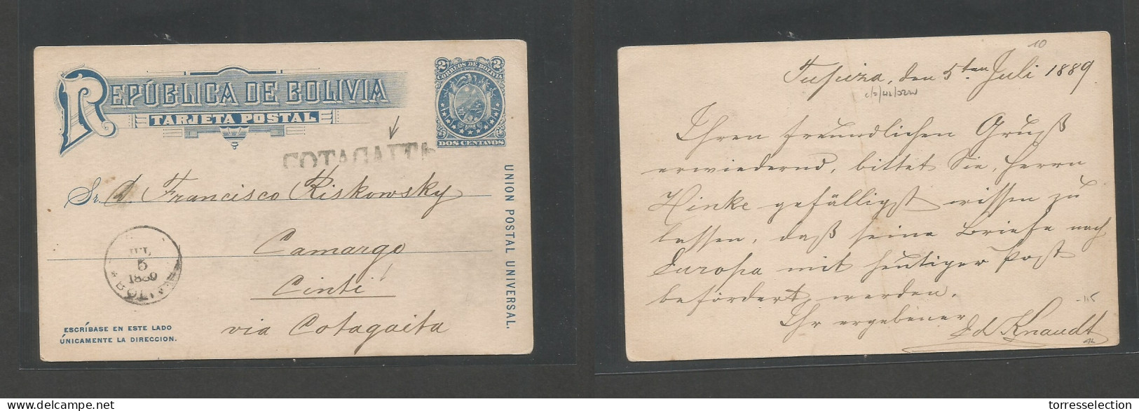 BOLIVIA. 1889 (5 Julio) Tupiza - Camargo, Via Cotagaita, 2c Blue Stat Card, Straighline Name Town (prephilatelic Pmk) De - Bolivie