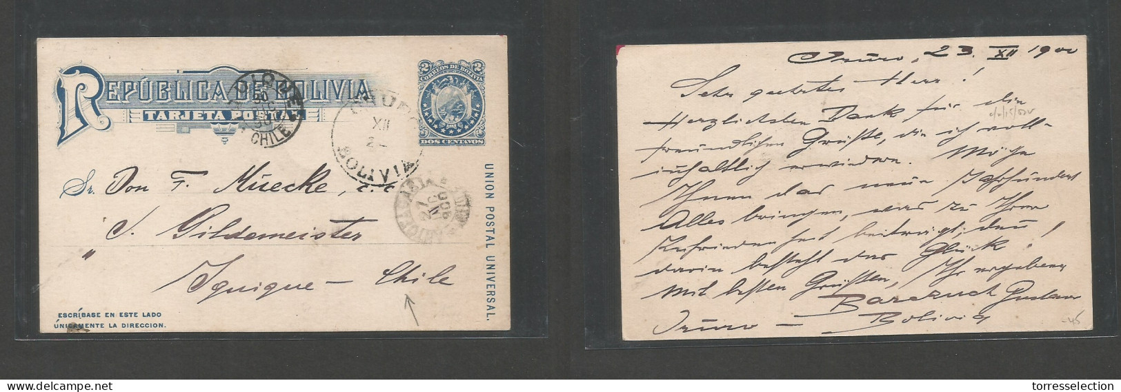 BOLIVIA. 1900 (23 Dec) Oruro - Chile, Iquique (30 Dec) 2c Blue Stat Card Via Antofagasta. Better Dest Usage. - Bolivie