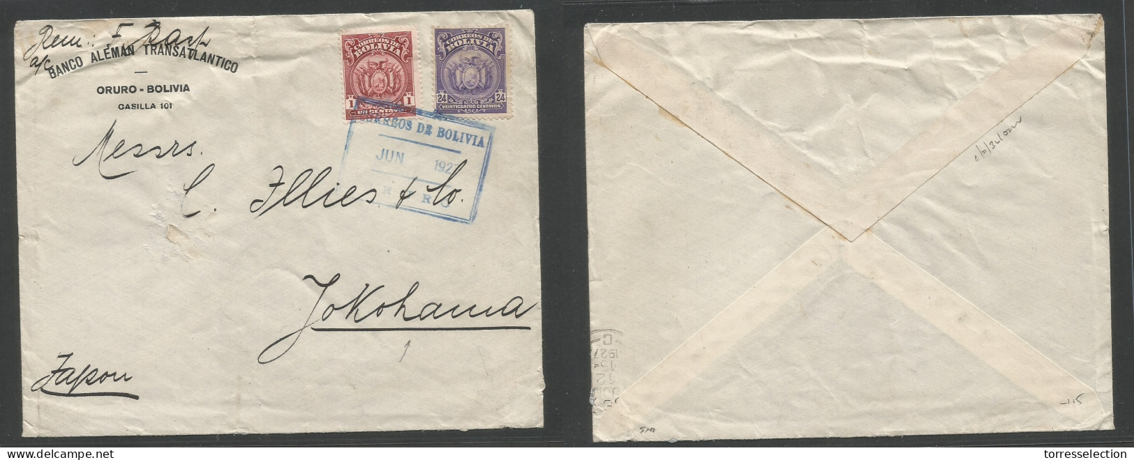 BOLIVIA. 1927 (June) Oruro - Japan, Yokohama. 25c Comercial Multifkd Envelope. Rarity Destination Usage. - Bolivie