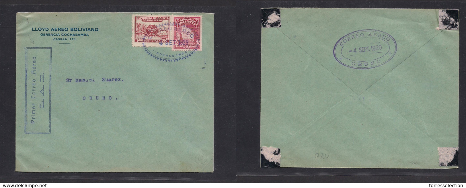 BOLIVIA. 1929 (4 Sept) Cochabamba - Oruro (4 Sept) First Air Mail. Cacheted Fkd Env. Lloyd Boliviano. VF Usage. - Bolivie