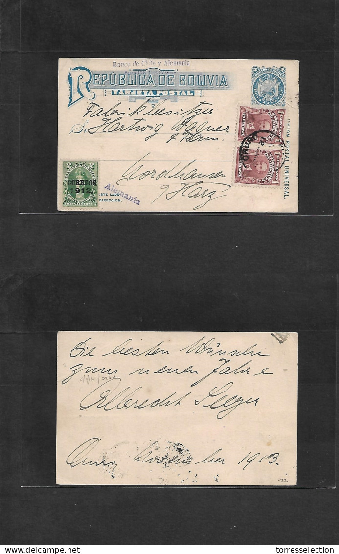BOLIVIA. 1913 (12 Aug) Oruro - Germany, Nordhausen, Harz 2c Blue + 3 Adtls Stat Card, Incl Ovptd. Fine. - Bolivie