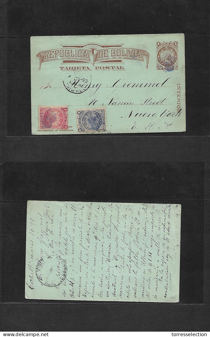 BOLIVIA. 1893 (16 March) Cochabamba - USA, NYC. 1c Brown + 2 Adtls Stat Card. 10 Stars / Stamps 9 Stars. Fine. Via Lima  - Bolivie