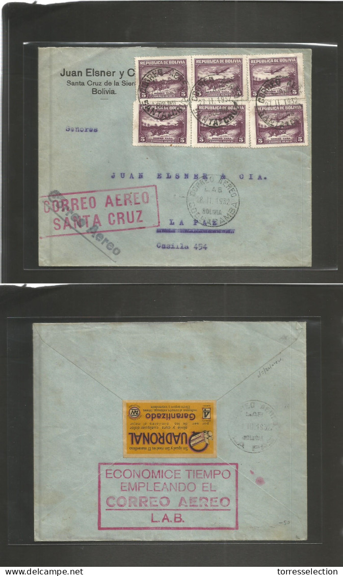 BOLIVIA. 1932 (27 Febr) Santa Cruz De La Sierra - La Paz. Internal Airmail Multifkd Env + Air Cachet. Reverse Uadronal A - Bolivie