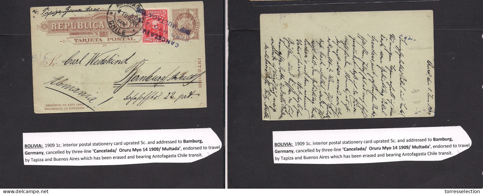 BOLIVIA. 1909 (1 June) Oruro - Germany, Bernburg. 1c Brown Stat Card + Adtl. Transited Antofagasta, Chile (4 June) + Can - Bolivie