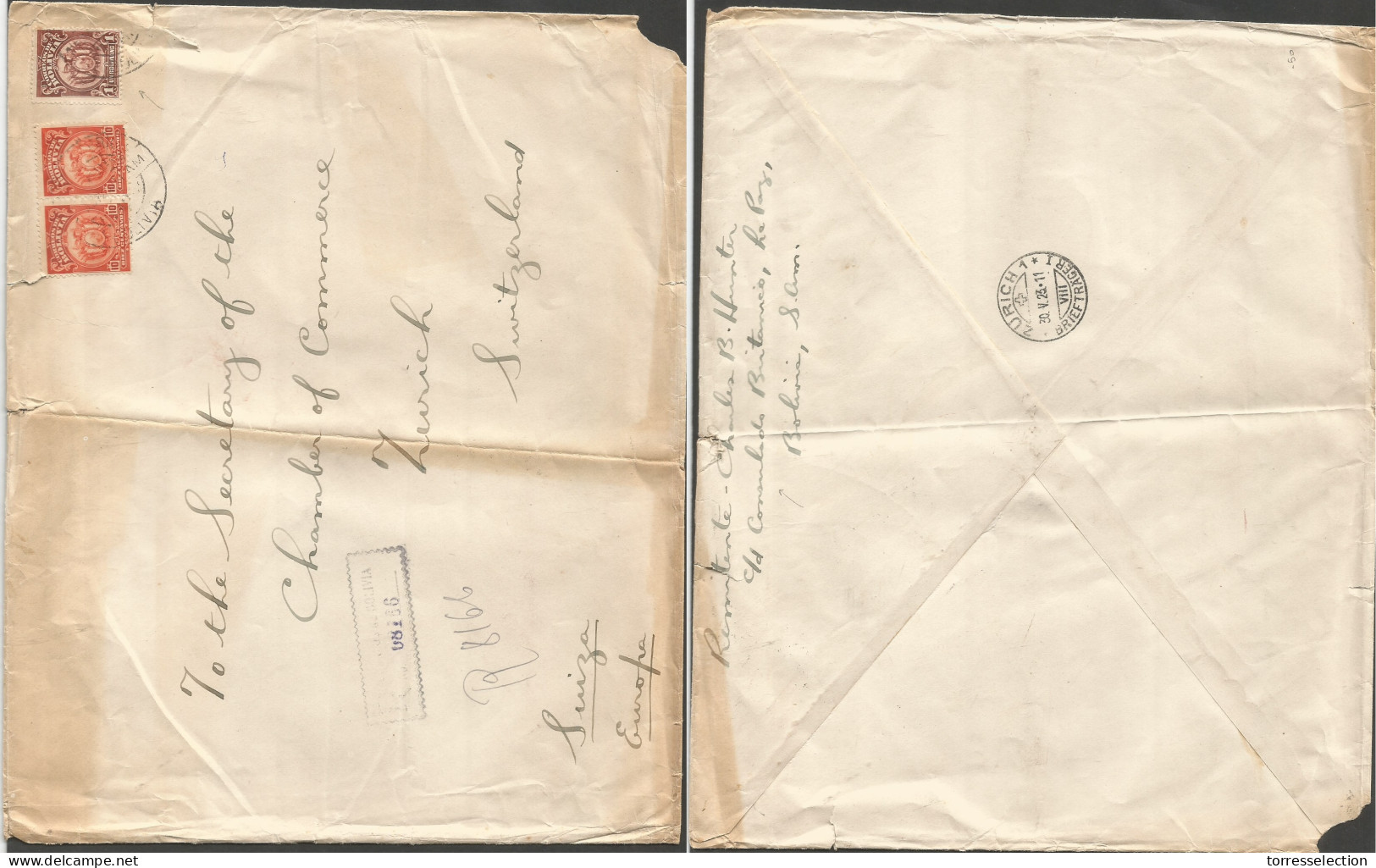 BOLIVIA. 1923. La Paz - Switzerland, Zurich (30 May) British Consular Mail. Registered Multifkd Envelope. - Bolivie
