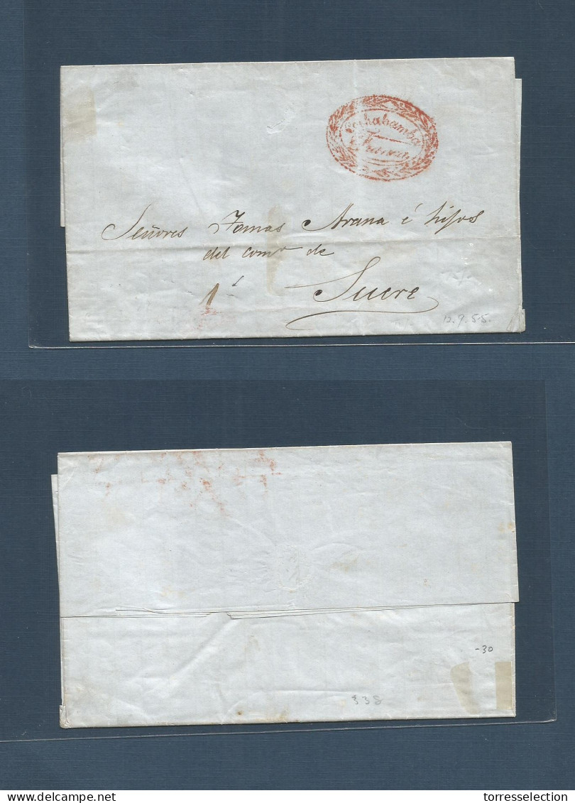 BOLIVIA. 1855 (12 July) Cochabamba - Sucre. EL Red Oval France Postal Cachet + Manuscript "1" R Charge. VF. - Bolivie