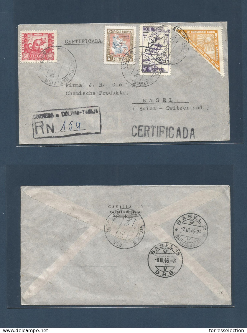 BOLIVIA. 1946 (15 Febr) Tarija - Switzerland, Basel (8 March) Registered Multifkd Env. Very Nice. - Bolivie