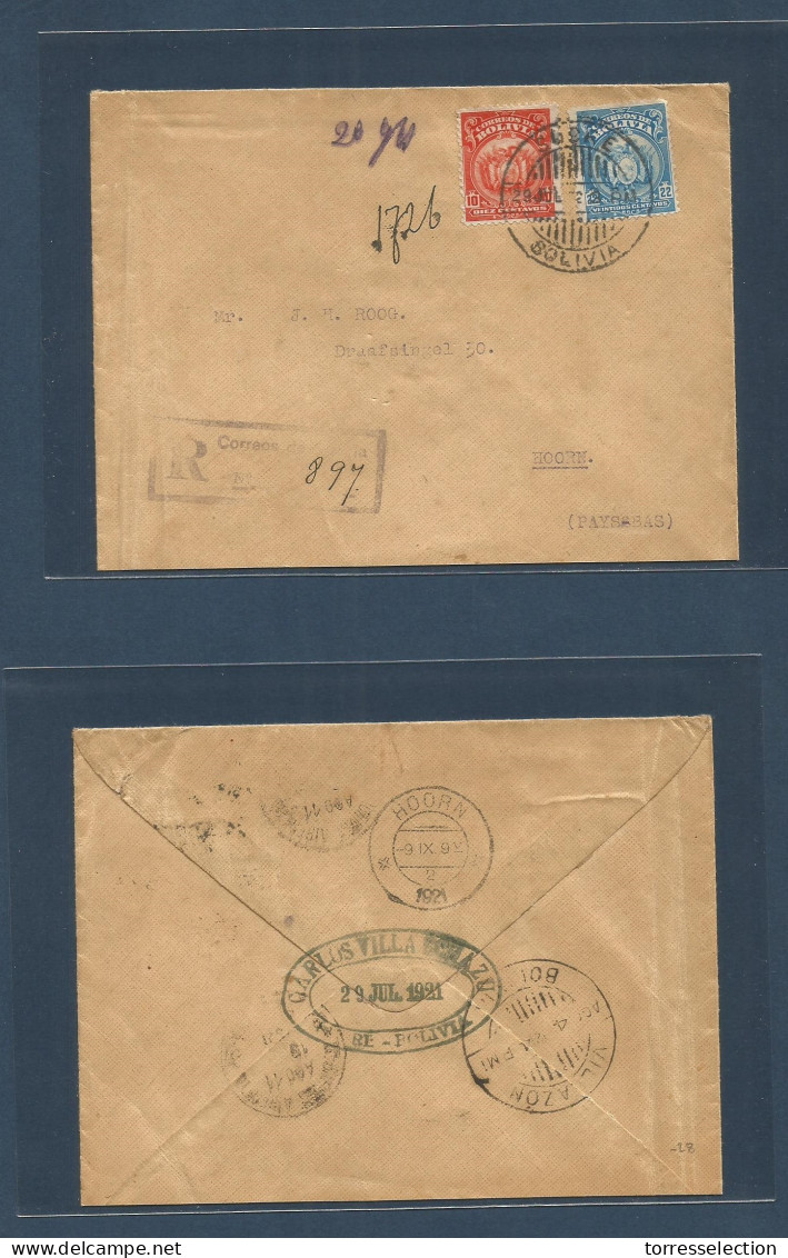BOLIVIA. 1921 (29 July) Suare - Netherlands, Hoorn (9 Sept) Registered 32c Rate Fkd Env Via Vilnazon. Fine. - Bolivie