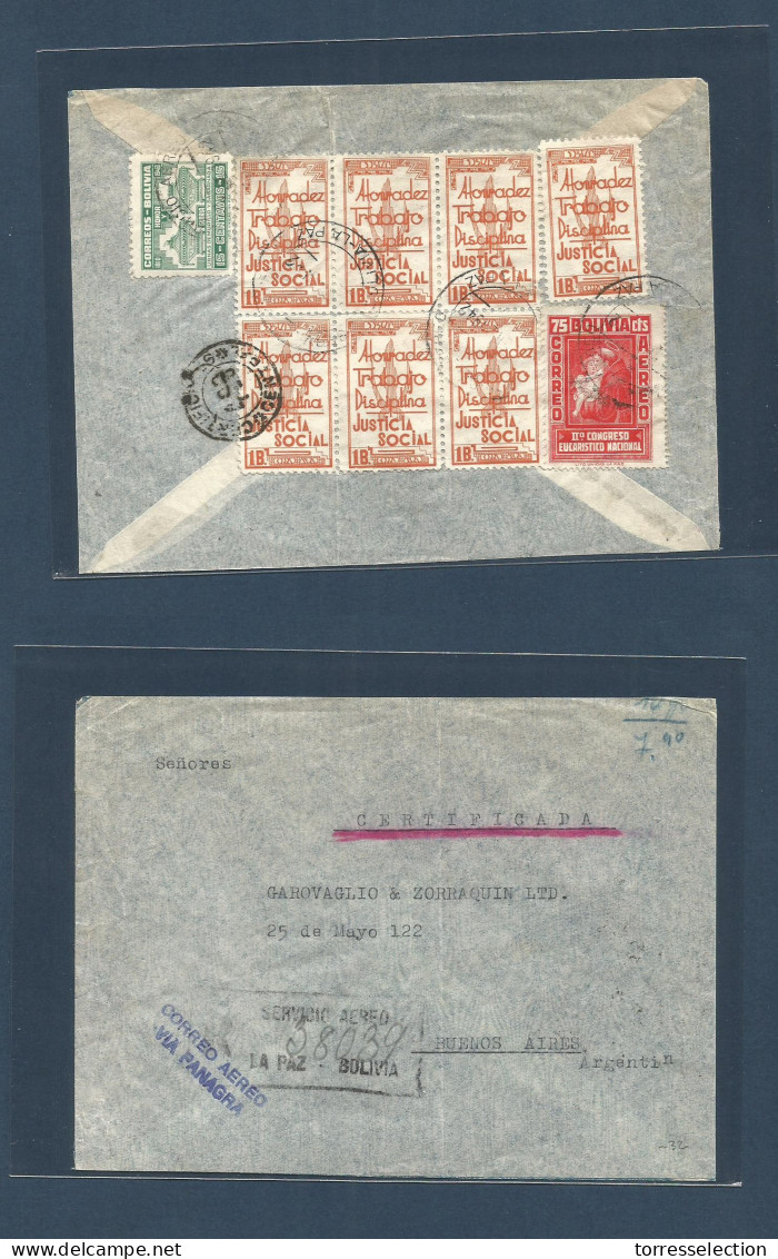 BOLIVIA. 1942. La Paz - Bs As, Argentina. Air Via Panagra Reverse Multifkd Registered Env. Justicia Social Issue + Congr - Bolivie