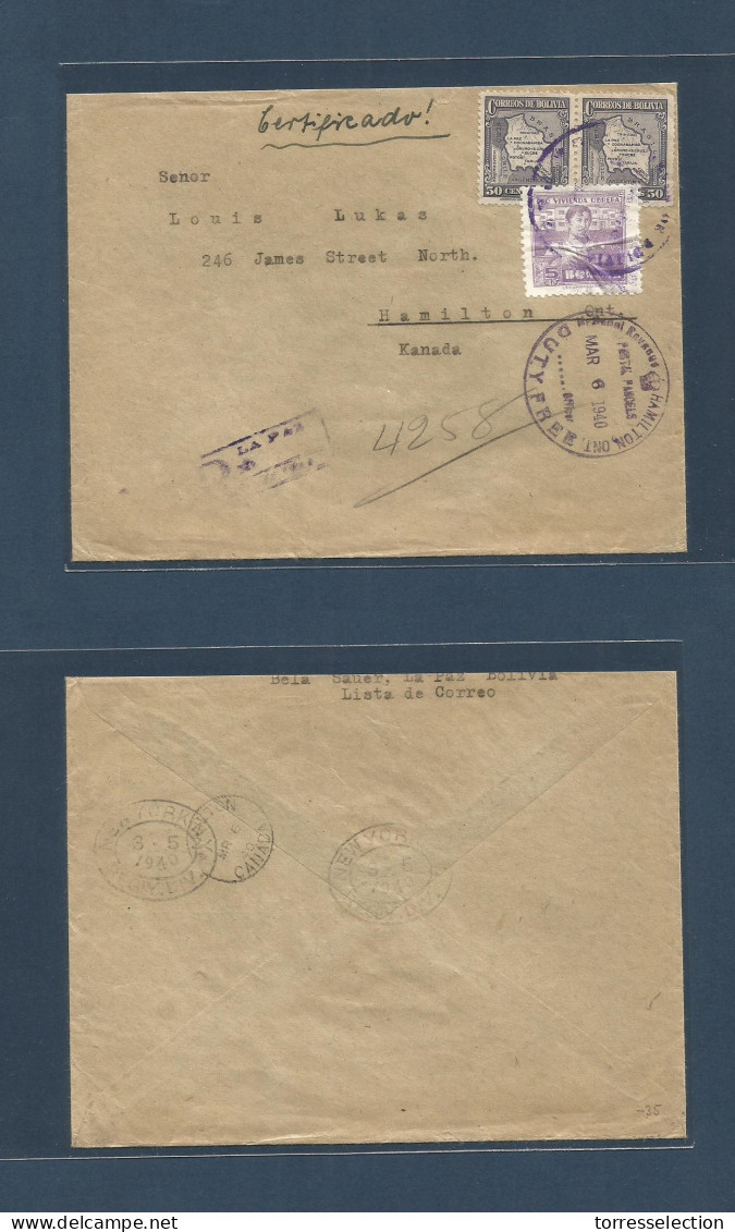 BOLIVIA. 1940. La Paz - Canada, Hamilton (6 March) Registered Multifkd Env. Via USA. - Bolivie