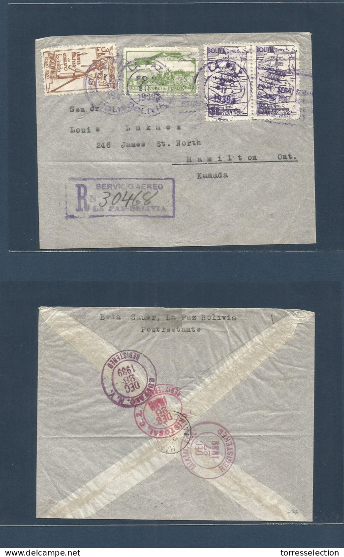 BOLIVIA. 1939 (23 Dec) La Paz - Canada, Hamilton, ONT (Dec 28-29) Registered Multifkd. Socialist Issue Multifkd Env. Via - Bolivie