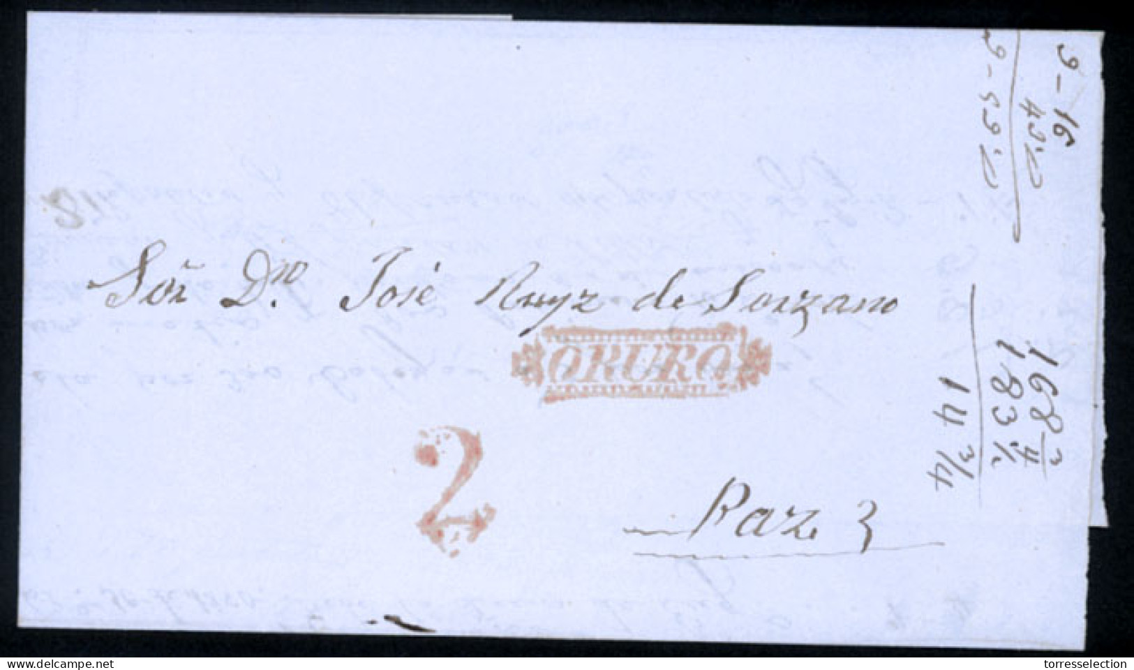 BOLIVIA. C.1840. Oruro To La Paz With Red "ORURO" In Ornamented Box  (xxx) + "2" Charge. VF. - Bolivie