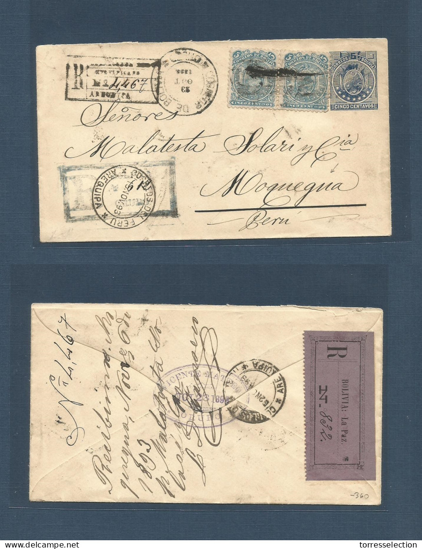 BOLIVIA. 1893 (23 Oct) Oruro - Perú, Moquegua. Via Areguipa (13 Nov) Registered 5c Blue Stat Env + 2 Adtls, 4 Stars Issu - Bolivie