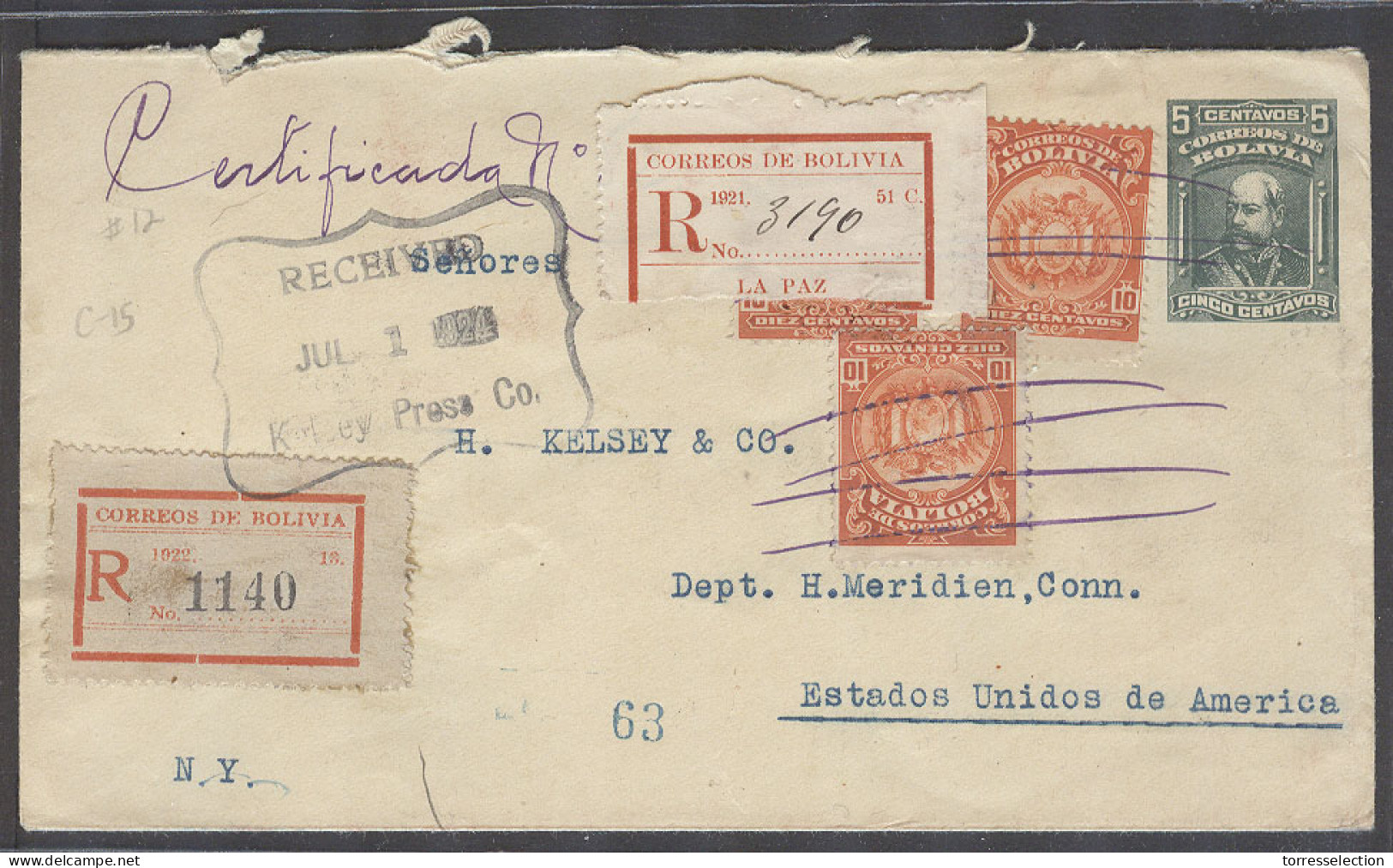 BOLIVIA. 1924 (June). La Paz - Sucre - USA, Conn (1 July). Reg 5c Green Stat Env 3 Adtl Mms Pend Cancelled R-labels. Sca - Bolivien