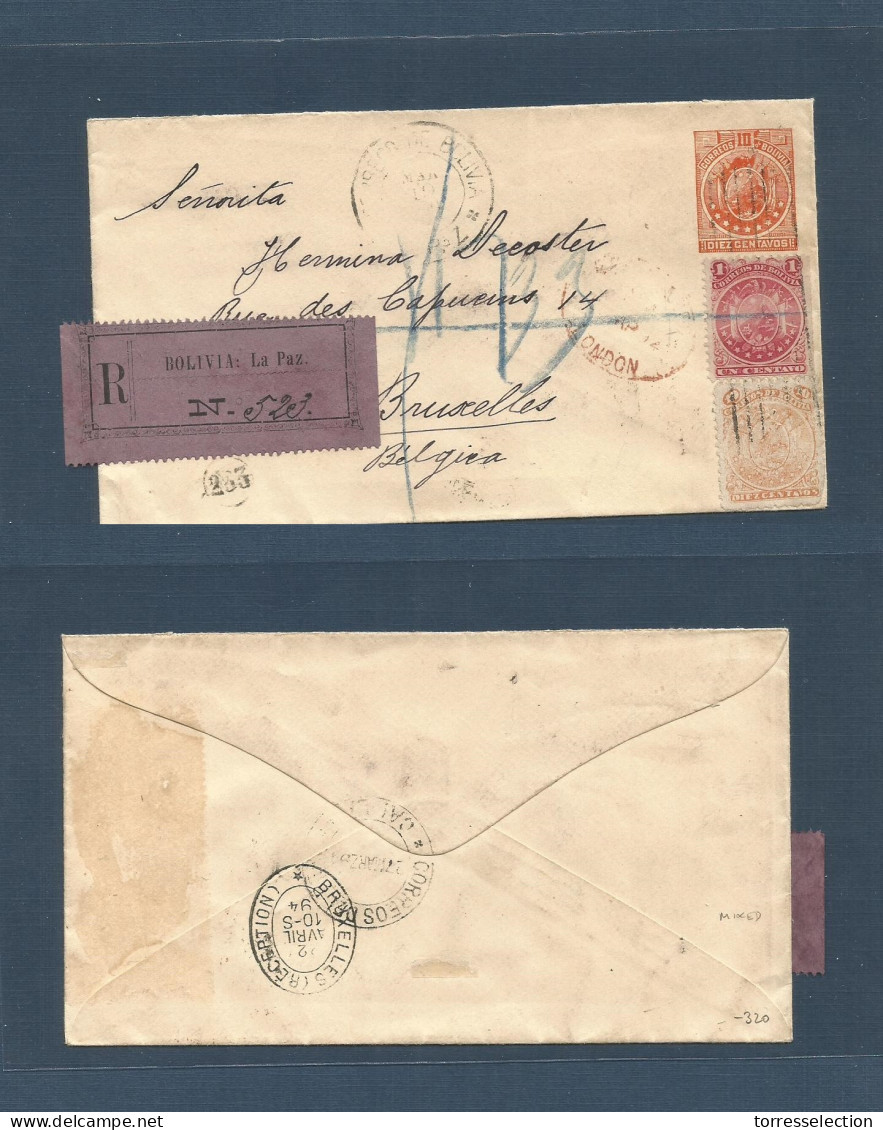 BOLIVIA. 1894 (19 March) La Paz - Belgium, Bruxelles (22 April) Via Callao (27 March). Registered 10c Orange Stat Env +  - Bolivie