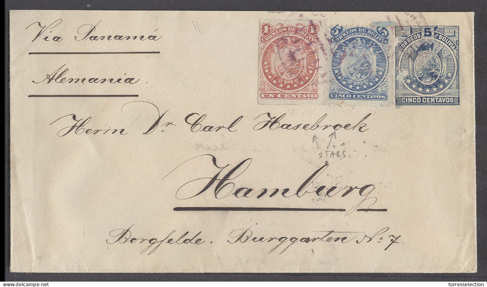 BOLIVIA. 1892 (March). Cochabamba - Germany, Hamburg (12 April). Via Peru, Lima (14 March) And Panam. 5c Blue Stat 5c Ad - Bolivie