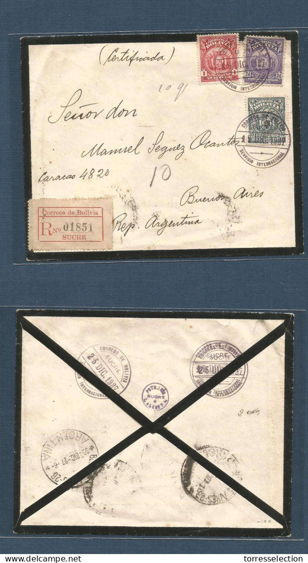 BOLIVIA. 1927 (19 Dec) Sucre - Argentina, Buenos Aires (30 Dic) Registered Tricolor 35c. Rate + Special International Ca - Bolivie