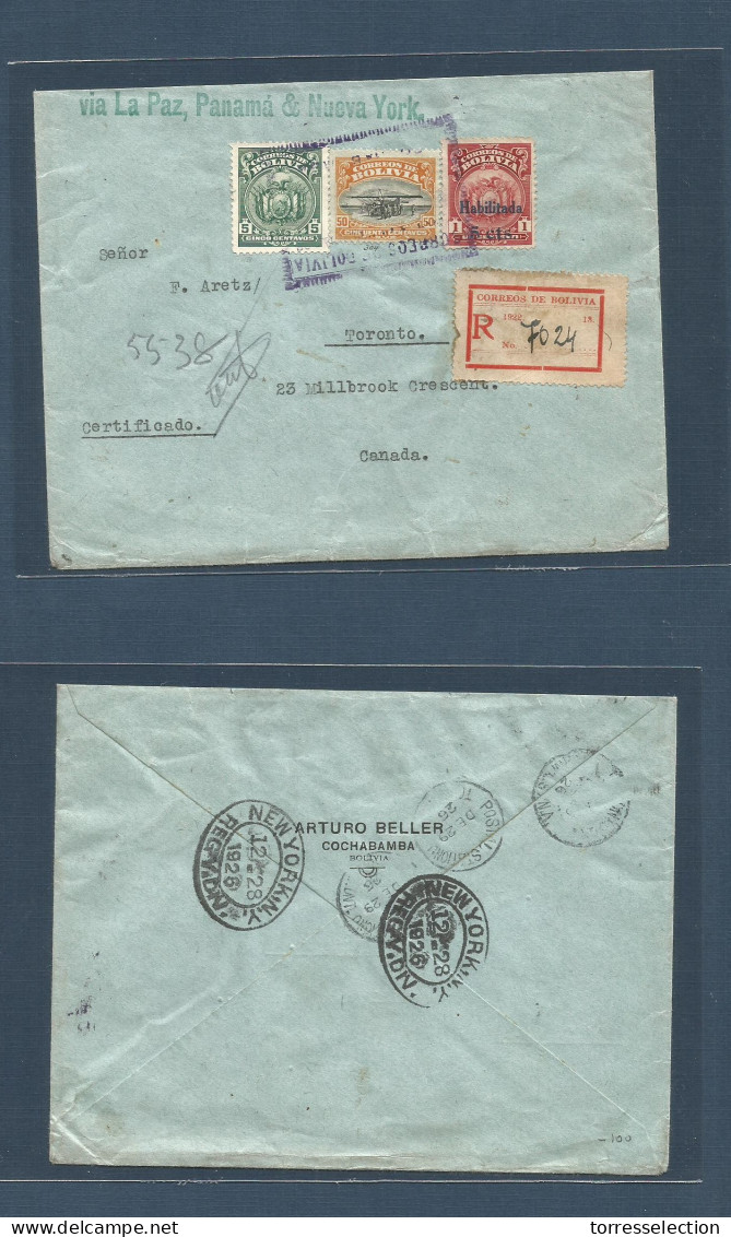 BOLIVIA. 1926 (Dec) Cochabamba - Canada, Toronto (29 Dec) Via NYC (28 Dec) Registered Multifkd Air Envelope Via La Paz - - Bolivie