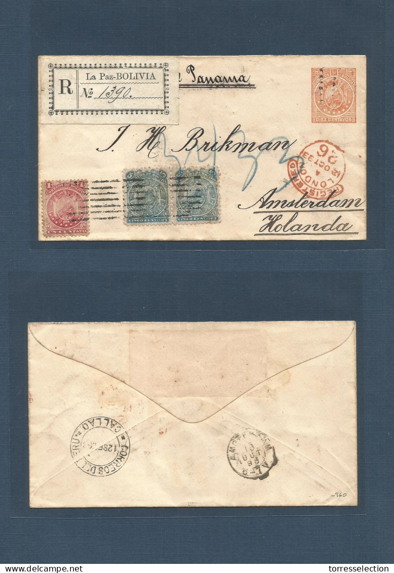 BOLIVIA. 1898 (Sept) La Paz - Netherlands, Amsterdam (13 Oct) Via London - Callao. Registered 10c. Orange Stationery Env - Bolivien