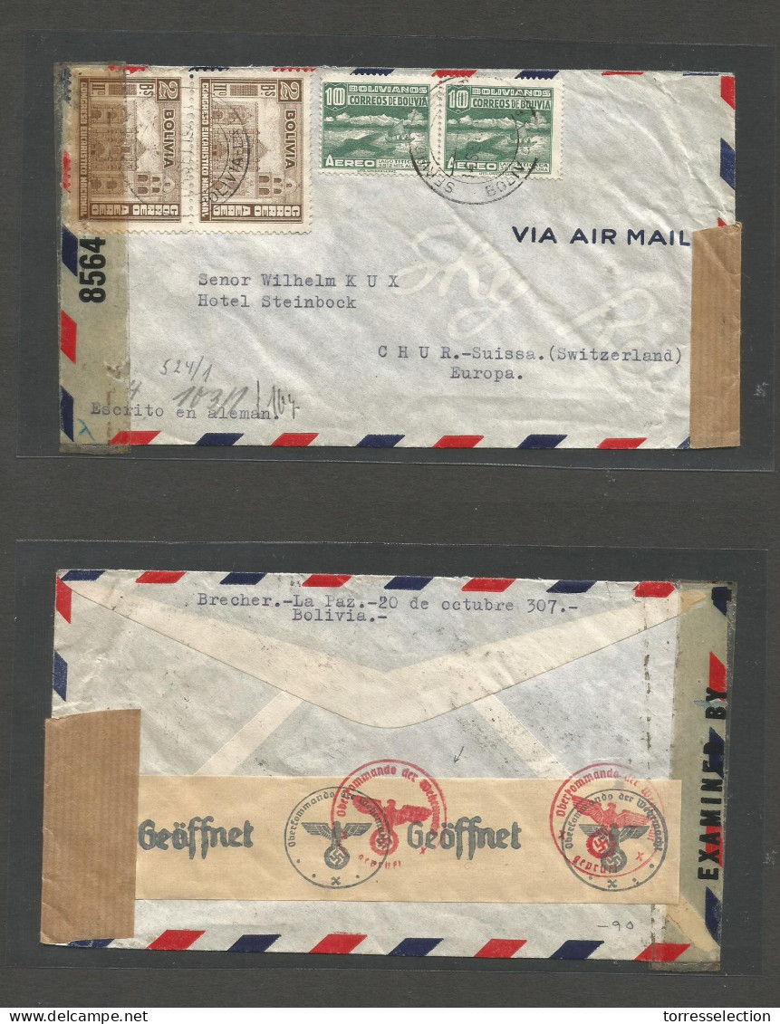 BOLIVIA. 1943 (14 Sept) La Paz - Switzerland, Chur. Air Multifkd Envelope, Via US + Nazi Censors When Both Countries Wer - Bolivie