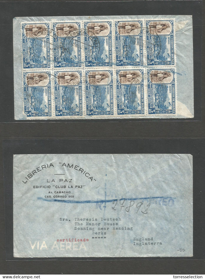 BOLIVIA. 1945 (10 Aug) La Paz - UK, Berks, Reading. Reverse Air Multifkd Envelope 3 Bs (x10) Block. - Bolivie