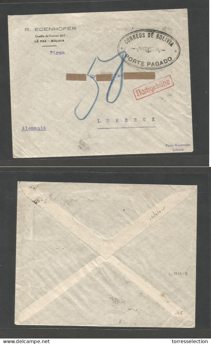 BOLIVIA. C. 1923-8. La Paz - Germany, Lubeck. Cash Paid Envelope (falta De Sellos) + Taxed + German Red P. Due Cachet. F - Bolivie