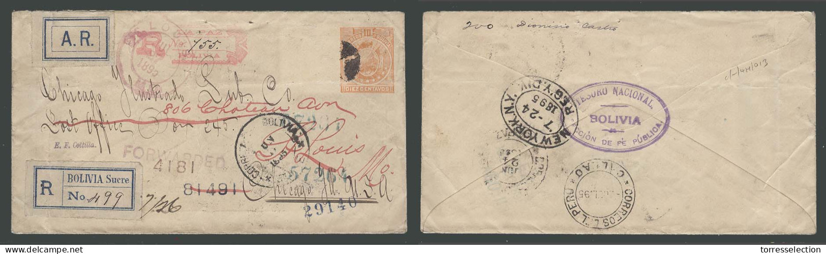 BOLIVIA. 1895 (19 June). Sucre - USA / Chicago, Fwded 10c Orange Reg AR Stat Env Adtl Stamp Missing In Transit With Plan - Bolivie