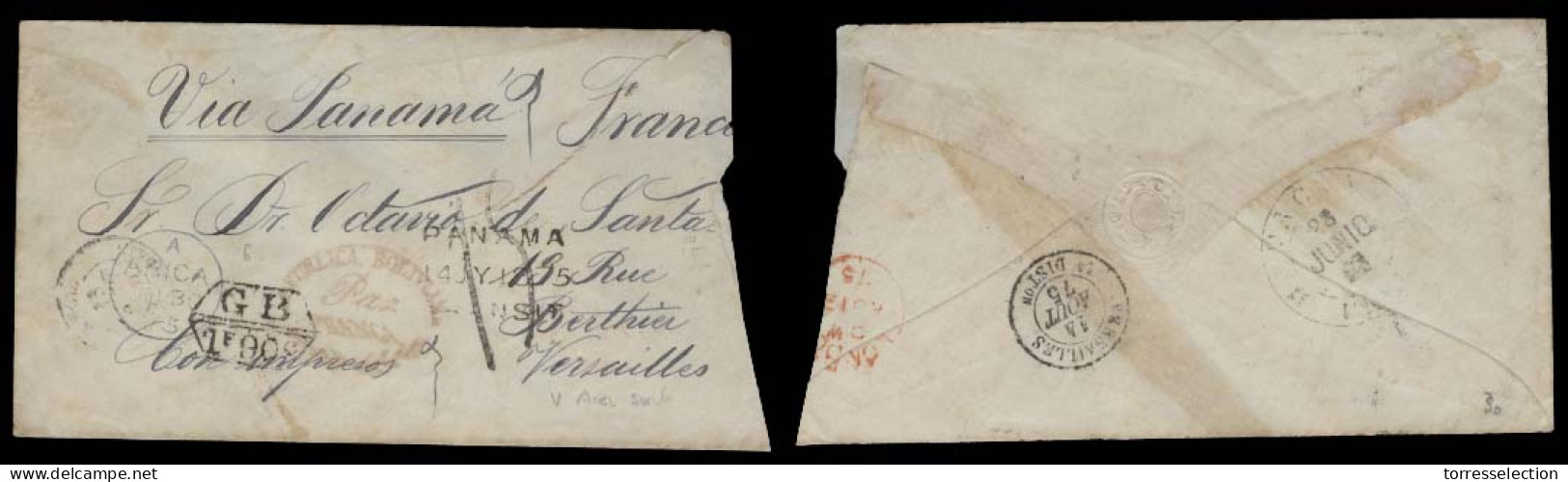 BOLIVIA. 1875 (June). La Paz - Versailles/France. Stampless Env Oval Red PAZ - Franca, Reverse Tacna (28 June), Arica BP - Bolivie