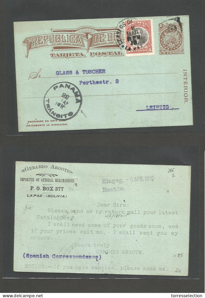 BOLIVIA. 1910 (6 March) La Paz - Germany, Leipzig. 1c Brown Stat Card + 5ck Adtl, Cds + "PANAMA TRANSITO / 22 MARZO 1910 - Bolivien